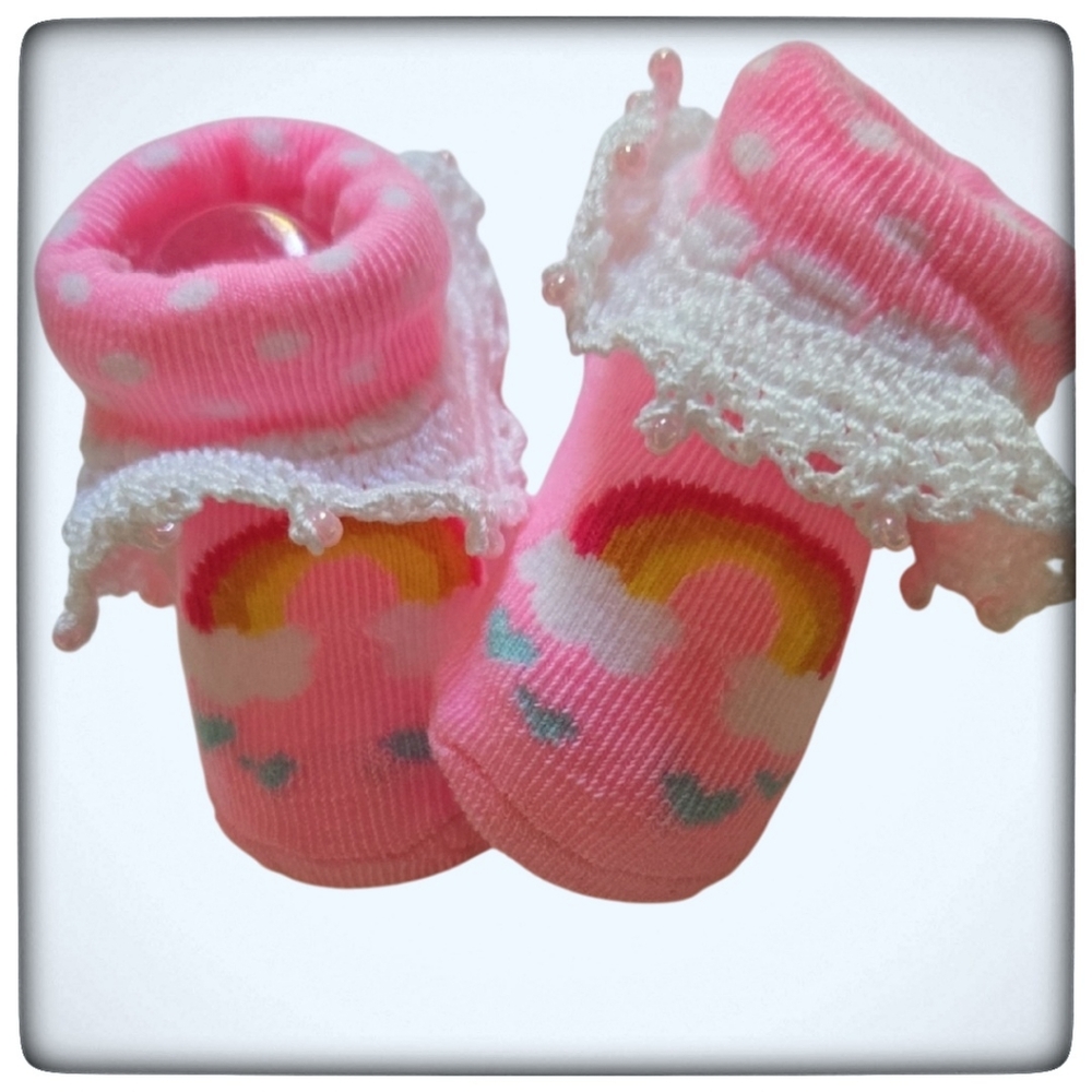 Baby Pink Rainbow Booties- Handmade Crocheted Fancy Trim With Beads-Size 0-12M